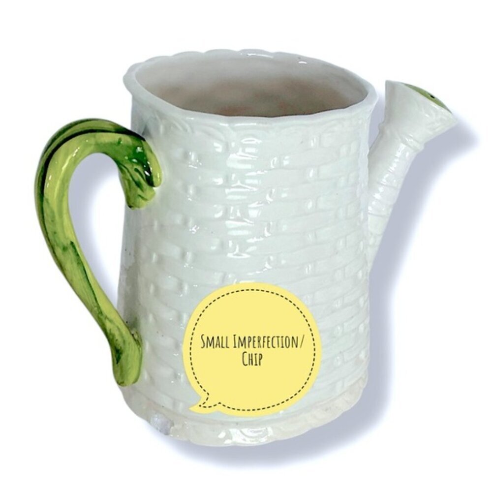 Vintage Basket Weave Ceramic Watering Can Planter Numbered Multi Use White Green - Picture 6 of 16